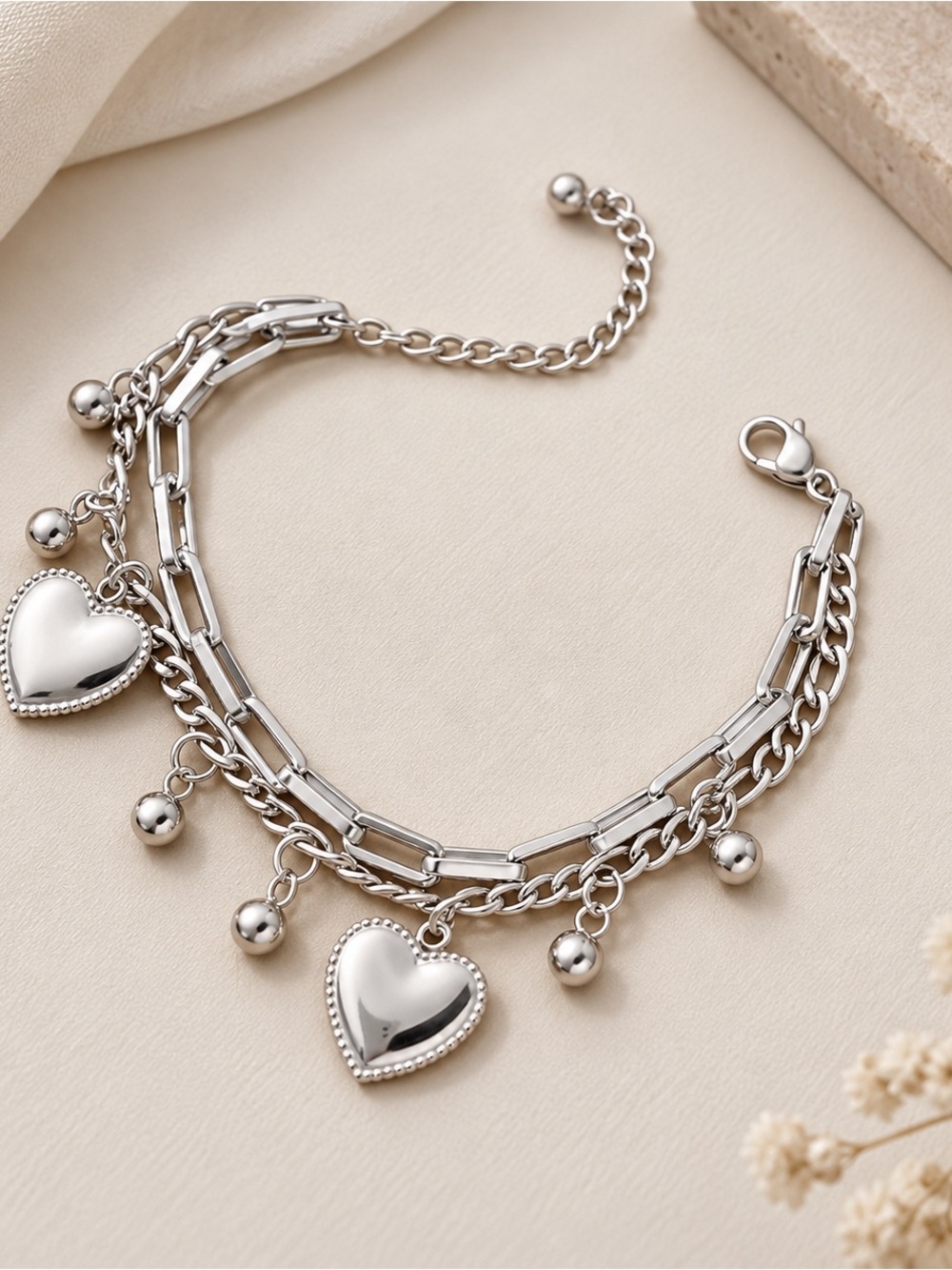 Stainless Steel Heart Charm Layered Bracelet – Silver Tone